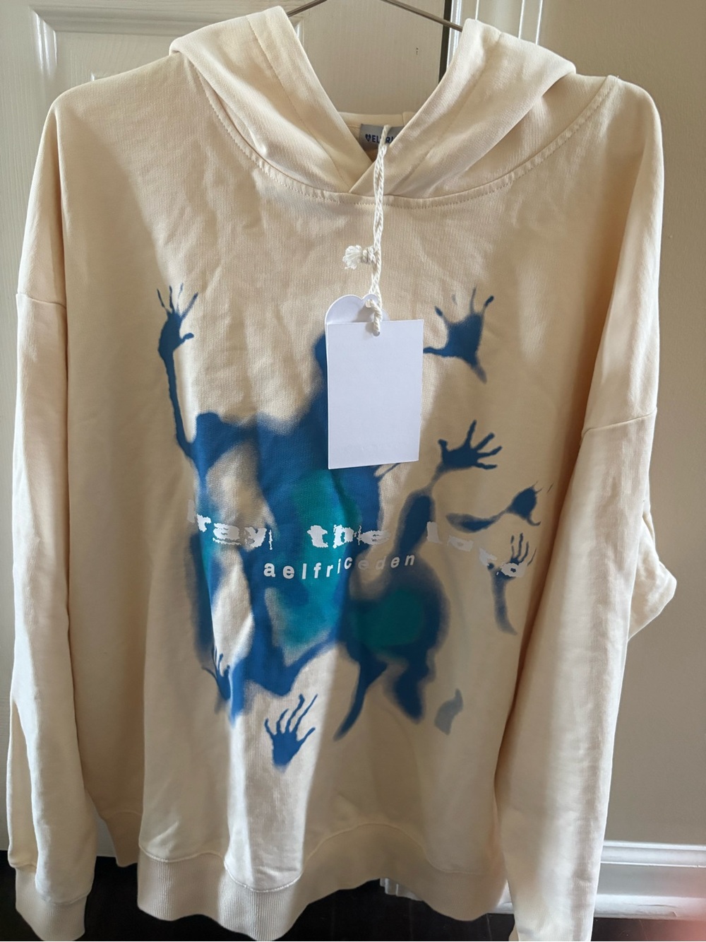 New with Tags Aelfric Eden Beige Hoodie with Blue & Teal Graphic medium